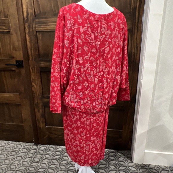Vintage Red Dress Warren Z Dolman Sleeves Geometric Pattern 80s Midi - Picture 4 of 9